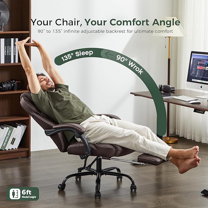 amseatec Office Chair, Big and Tall Office Chair with Foot Rest Ergonomic Desk Chairs Reclining High Back Leather Chairs with Lumbar Support(Brown)