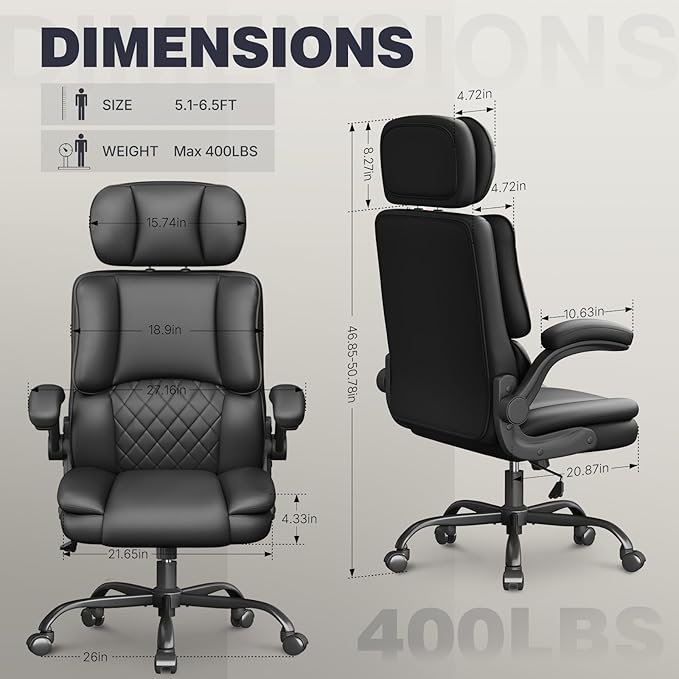 Executive Office Ergonomic Chair, Computer Chair with Adjustable Headrest,PU Leather Desk Chair,High-Back Swivel Task Chair for Home Office with Flip-Up Padded Armrests, 135°Reclining,Black