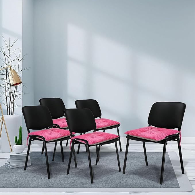 Office Stacking Chair Cushions 4 Pack, Corduroy High Density Foam Kitchen Seat Cushions with Ties, Square 17" x 17" Indoor Non-Slip Dining Chair Pads, Pink, 4pcs