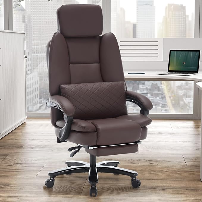 500lbs Plus Size Office Chair with Lumbar Support, PU Leather Big and Tall Heavy Duty Reclining Office Desk Chair with Foot Rest, Brown