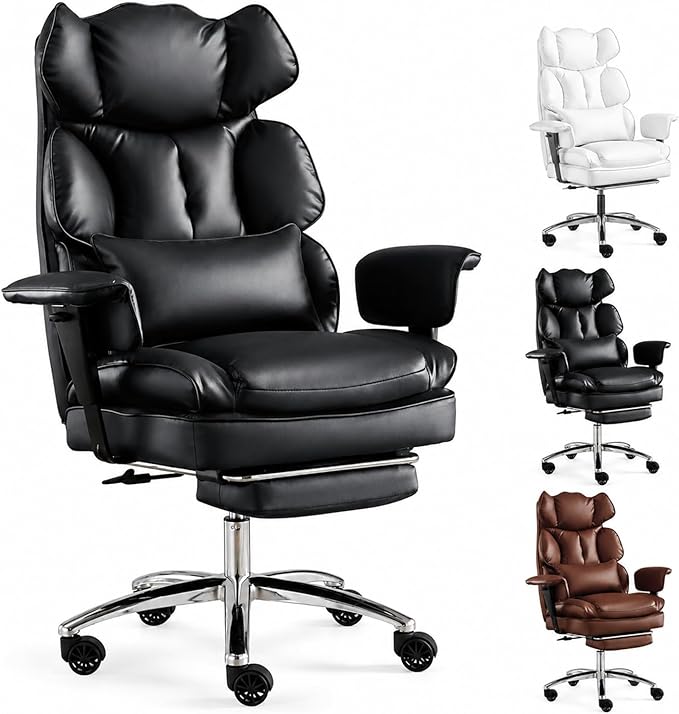 Big and Tall Ergonomic Office Chair with Footrest, Executive High Back PU Leather Desk Chair, Reclining Computer Chair with Adjustable Lumbar Support and Armrests, Swivel Rolling Gaming Chair, Black