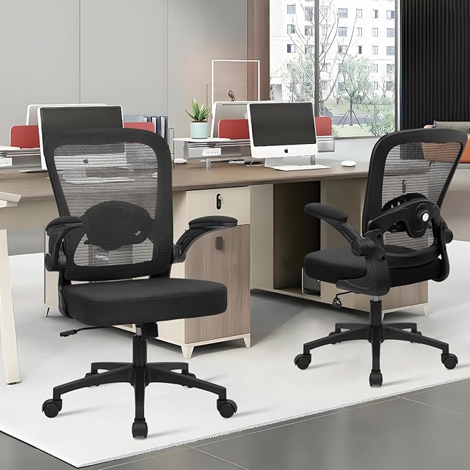 KLASIKA Desk Chairs with Wheels, Ergonomic Mesh Back Home Office Chair Adjustable Lumbar Support and Height Swivel Rolling Computer Task Chairs with Flip Up Armrests for Conference Meeting, Black, 2PK