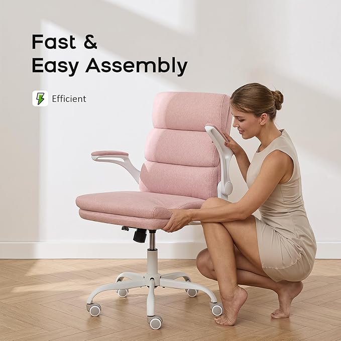 amseatec Office Chair Adjustable Desk Chair Mid Back Executive Comfortable Fabric Ergonomic Back Support Home Computer Chair with Padded Flip-up Armrest Swivel Wheels (Pink)