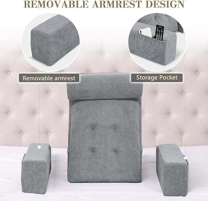 Bed Pillow for Sitting Up in Bed, 25” Ergonomic Reading Pillow with Adjustable Headrest & Arms, Dual Layer Memory Foam Back Pillow, Soft Plush Cover, Back Rest for Reading, TV, Gaming Dark Grey