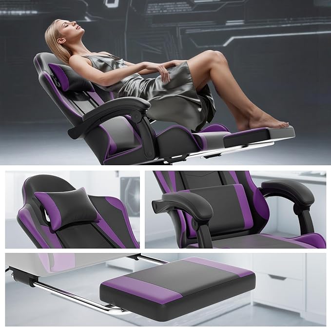 Athena Collection Gaming Chair, Ergonomic Gaming Chair with Footrest & Headrest Lumbar Support, Height Adjustable Swivel Computer Chair Office Chair for Kids Adults(Purple)