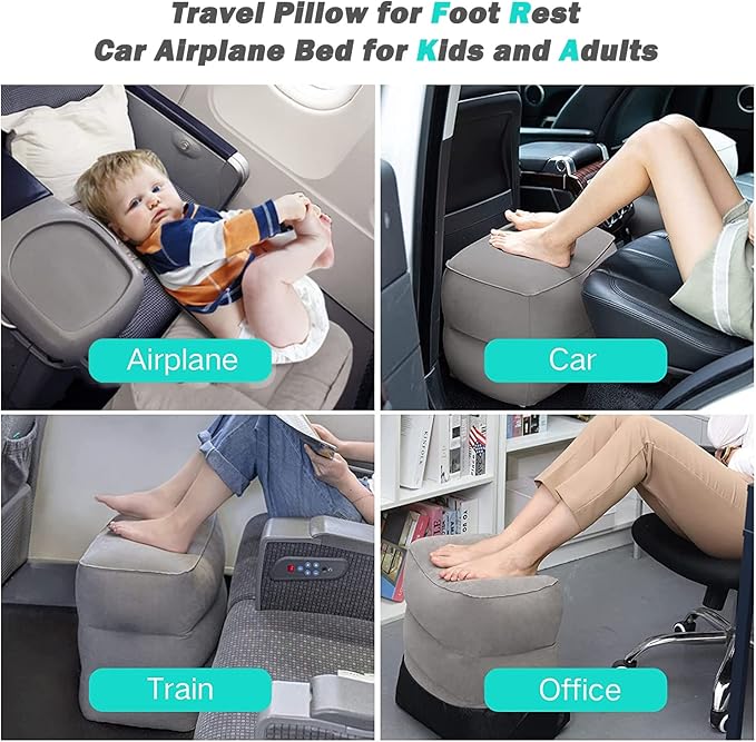 Inflatable Foot Rest Pillow for Travel, Adjustable Height Airplane Foot Cushion for Long Flights, Portable Comfort Footrest for Car, Office and Travel (Gray) (Black)