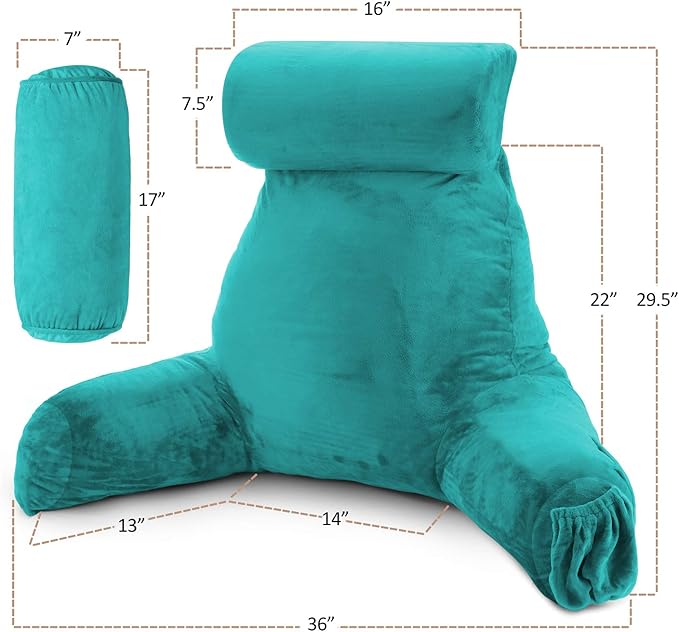 Clara Clark Reading Pillow with Shredded Memory Foam Includes 2 Neck and Lumber Support Pillows, Designed for Sitting Up in Bed and Couch, Back and Arms Adjustable Support for Adults & Teens, Teal