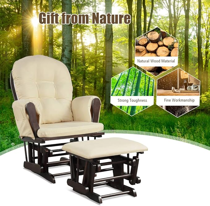Costzon Nursery Glider with Ottoman, Upholstered Comfort Glider Rocker with Padded Cushion, Storage Pocket, Solid Wood Base, Rocking Chair Nursery for Breastfeeding, Napping (Beige)