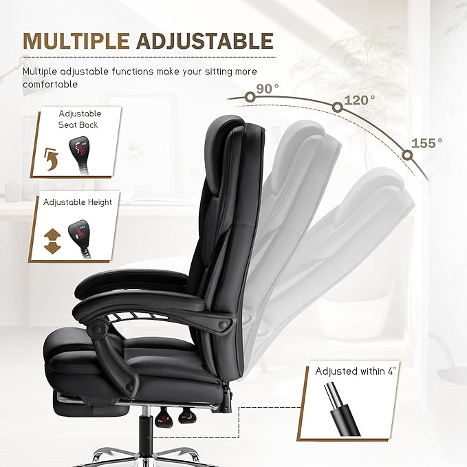 Furmax Massage Office Chair with Foot Rest Executive Big and Tall Office Chair Ergonomic Home Office Desk Chairs, Reclining High Back Leather Chair with Lumbar Support, 400LBS (Black)
