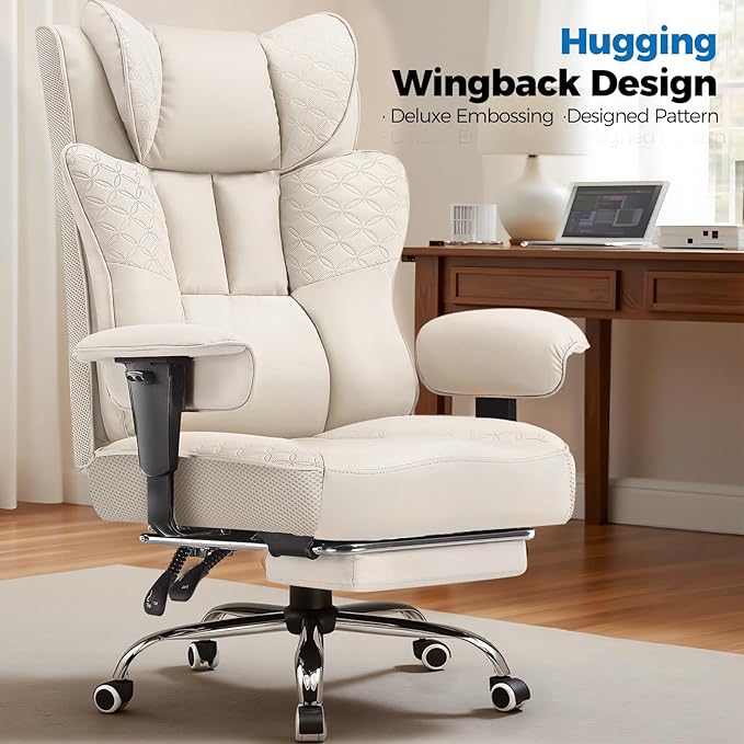 GTPLAYER Big and Tall Office Chair, Wide Ergonomic Gaming Chair with Deluxe Embossing Designed Leather with Foot Rest,150°Reclining Adjustable Soft Armrests Pocket Spring Back Support and Pillow