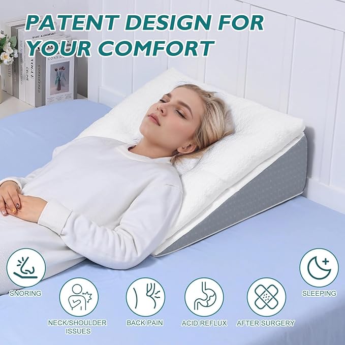 Bed Wedge Pillow for Sleep Apnea 10 Inch Gerd Pillow Patent Dual Layer Triangle Pillow Adjustable Shredded Memory Foam Topper Soft Support Ideal for Acid Reflux, After Surgery, Snoring