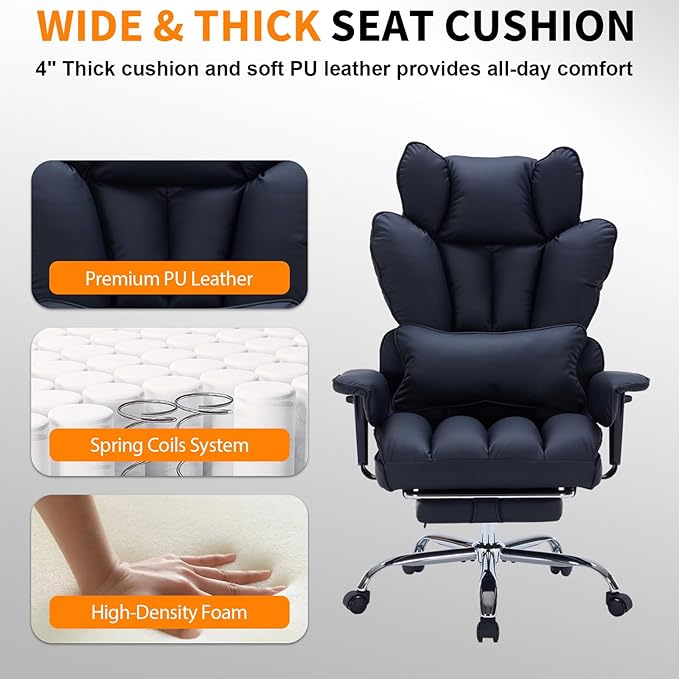 Garvee Big and Tall Office Chair, Executive Leather Office Chair with Footrest, 400lbs Ergonomic Gaming Chair for Adults, Wide Seat Computer Desk Chair with Lumbar Support, 150 Degree Reclining, Black