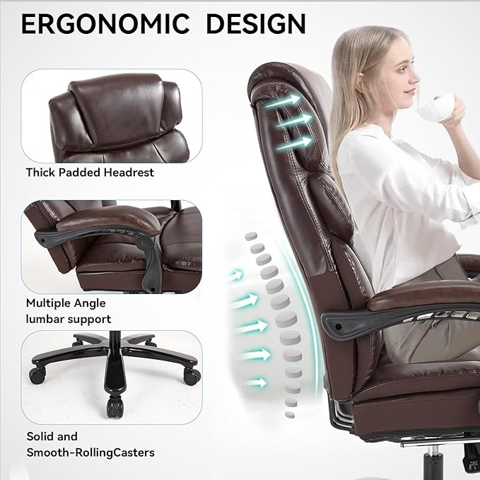 Heavy Duty Executive Office Chair, 550lbs Big and Tall Office Chair with Wide Seat, Reclining Ergonomic Desk Chair with Footrest PU Leather Computer Chair for Home Office, Red Brown
