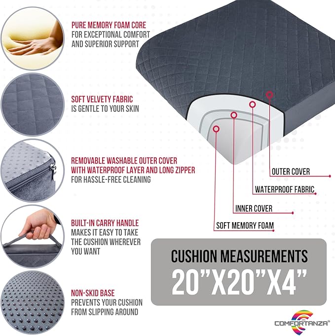 Medium-Soft 20x20x4 Memory Foam Recliner Chair Seat Cushion for Long Sitting - Armchair Pad with Washable Velvety Cover with Waterproof Layer & Non-Slip Base for Seniors & Elderly - Gray