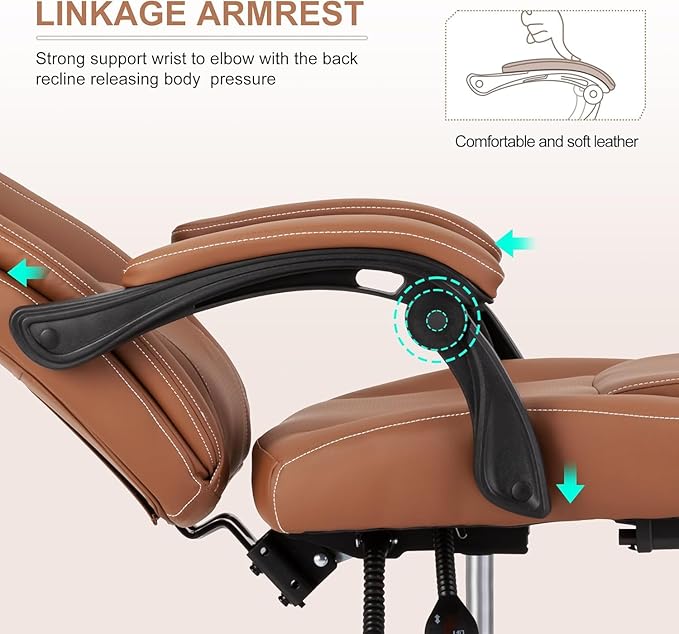 Reclining Office Chair with Footrest,Ergonomic Home Office Desk Computer Chair with Lumbar Support,Thick Executive Leather Chair,90-155° Adjustable (Brown)