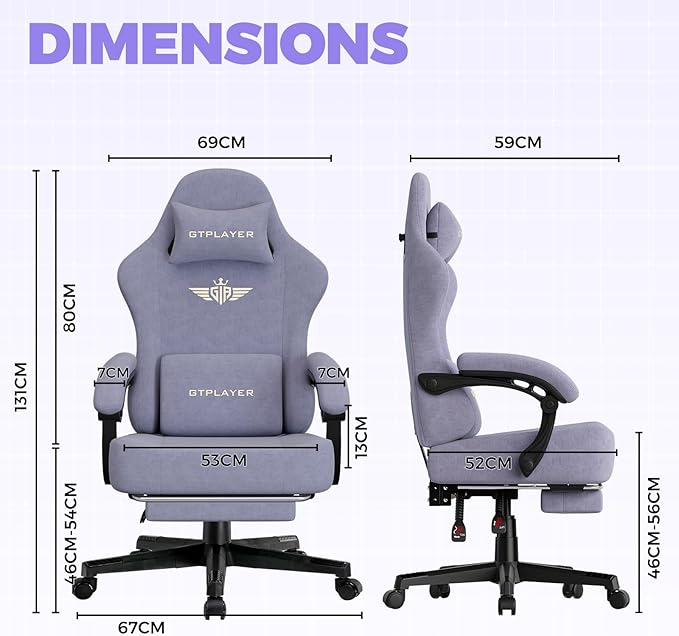 GTPLAYER Gaming Chair with Pocket Spring Cushion, High Back Ergonomic Computer Chair with Footrest for Adults Lumbar Support Swivel Game Chair for Office Gaming 350LBS, Fabric Macaron Purple