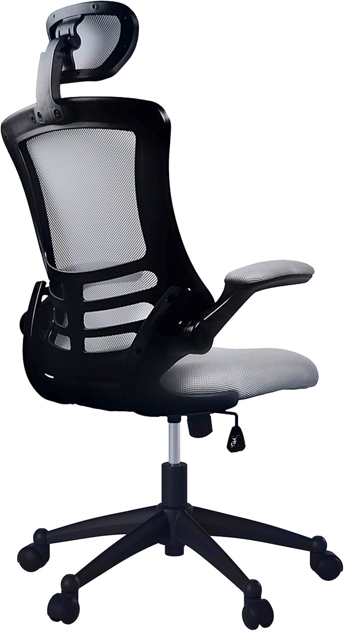 Modern High Back Mesh Executive Chair With Headrest And Flip Up Arms. Color: Silver Grey