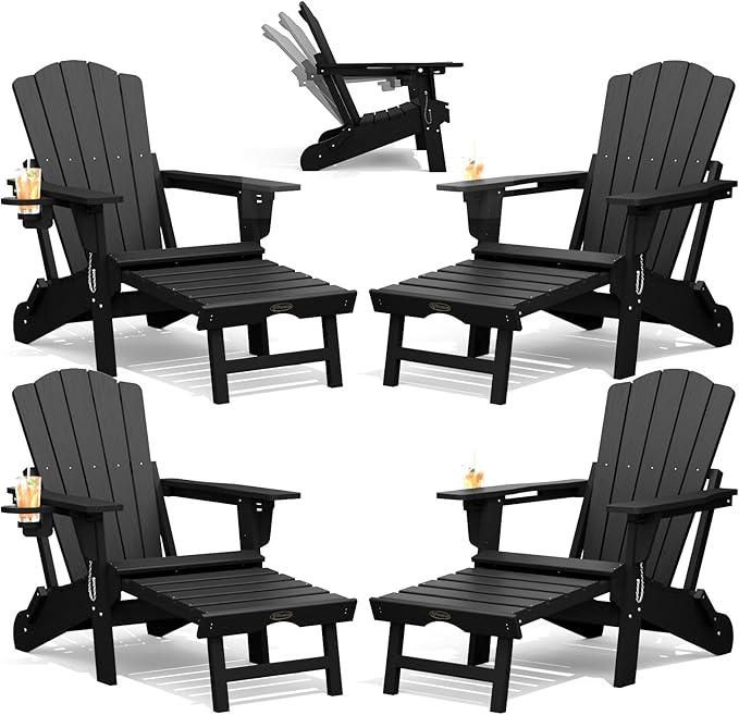 THOEOE Adjustable Adirondack Chair with Retractable Ottoman, HDEP Folding Adirondack Chairs with Footrest 2-in-1 Cup Holder, All Weather Outoor Fire Pit Chair with Foot Rest Set 4 Black