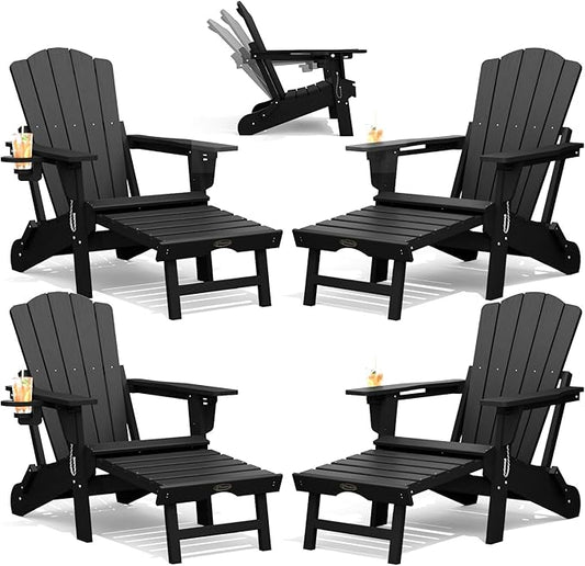 THOEOE Adjustable Adirondack Chair with Retractable Ottoman, HDEP Folding Adirondack Chairs with Footrest 2-in-1 Cup Holder, All Weather Outoor Fire Pit Chair with Foot Rest Set 4 Black
