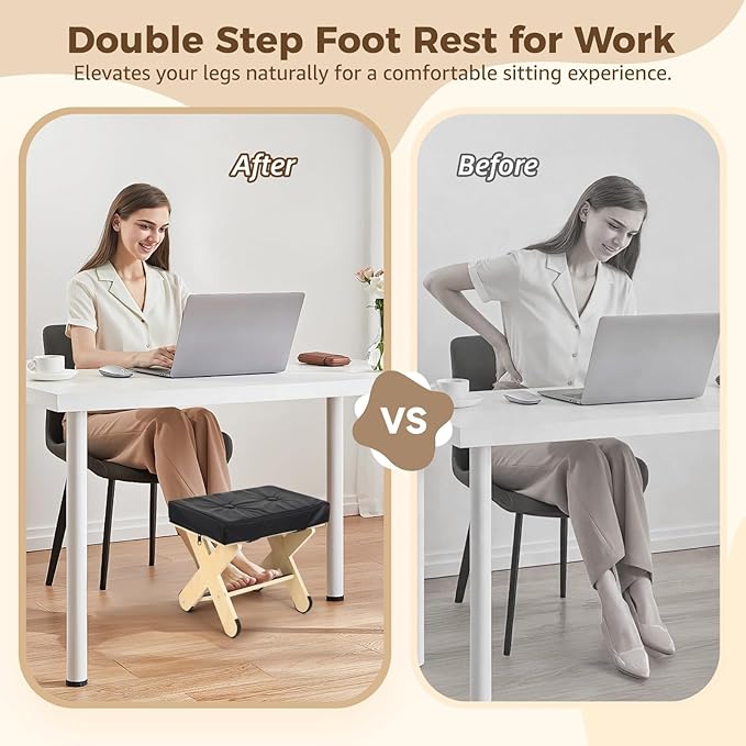 Double Step Foot Rest Under Desk, Ergonomic Wood Foot Stool with PU Cushion Top, Desk Foot Rest for Office Chair, Under Desk Footrest Stool for Work, Leg Rest Support (Natural Wood)