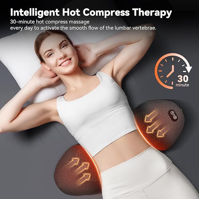 3in 1 Smooth Spine Triple Fusion Back Massager Electric Lumbar Support Pillow withHeat, Vibration & Adjustable Traction -Memory Foam Back Massager for Lower BackPain Relief