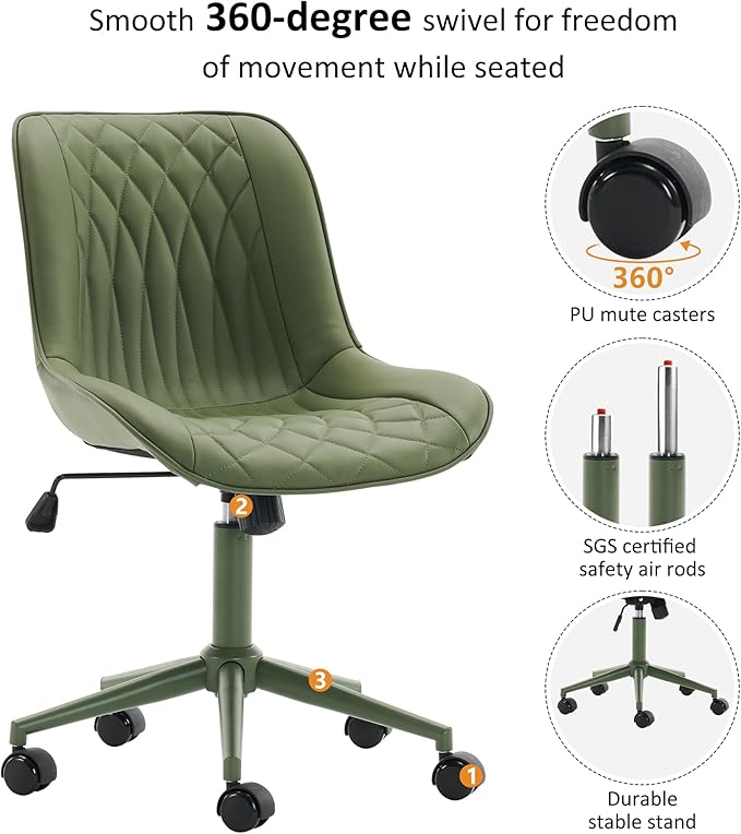 YOUNIKE Olive Green Faux Leather Ergonomic Office Chair Armless Comfy Desk Chair with Rocking Back Cute Swivel Vanity Chair with Wheels Height Adjustable Small Computer Task Chair for Sewing Drafting