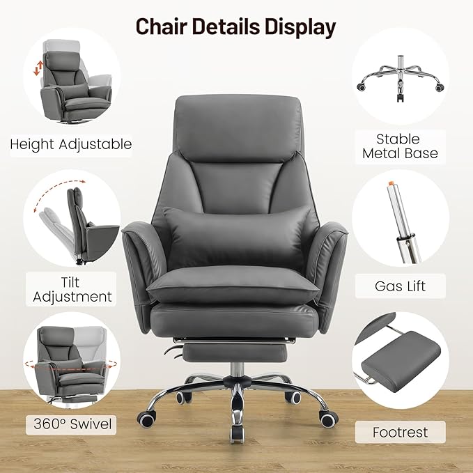 Furniliving Big and Tall Office Chair, Executive Reclining Computer Gaming Chair with Foot Rest, Flip Armrest & Lumbar Pillow, Thicken Wider Seat for Criss Cross Legged Sitting, Desk Chair, PU, Grey