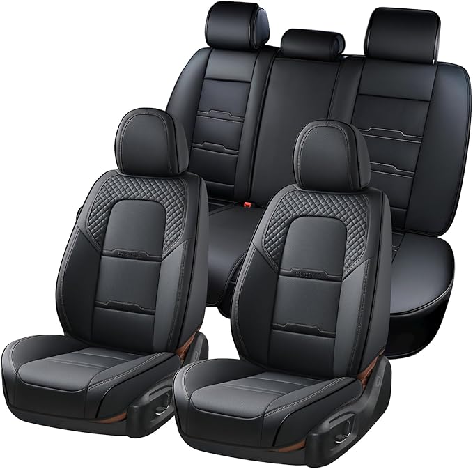 Coverado Car Seat Covers Full Set, 5 Piece Car Seat Protector with Removable Headrest, Nappa Leather Breathable Front Rear Seat Cushion Side All Wrapped Universal Fit Truck Automotive Most Cars Black