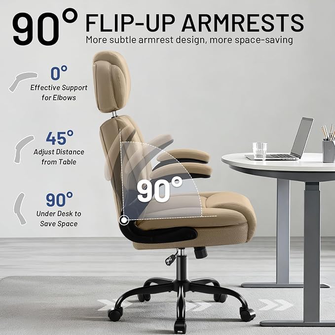 AreShark Ergonomic Office Chair with Lumbar Support, 400lbs Heavy Duty Big and Tall Executive Desk Chair, PU Leather High Back Computer Chair with Flip-Up Arms & Adjustable Headrest, Khaki