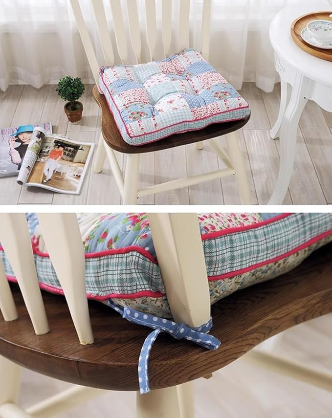 Boho Cotton Quilted Chair Cushion for Dining Chairs Non Slip Soft Comfortable Chair Pads with Ties Patchwork Printed Seat Cushion for Kitchen Chairs Office Chairs (Pattern C,16"x16")