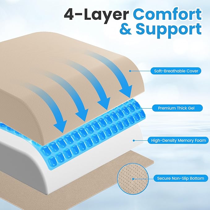 Wheelchair Seat Cushion for Pressure Relief, Cooling Gel Memory Foam Chair Cushion with Slope-Edge Design, Coccyx Support for Tailbone Pain, Non-Slip, for Wheelchairs, Office Chairs & Car Seats, Khaki