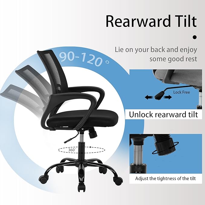 Ergonomic Computer Chair with Backrest – Breathable Mesh Office Chair, Adjustable Height & Rocking Mode, Heavy Duty 250lbs Weight Capacity, Metal Base, Black