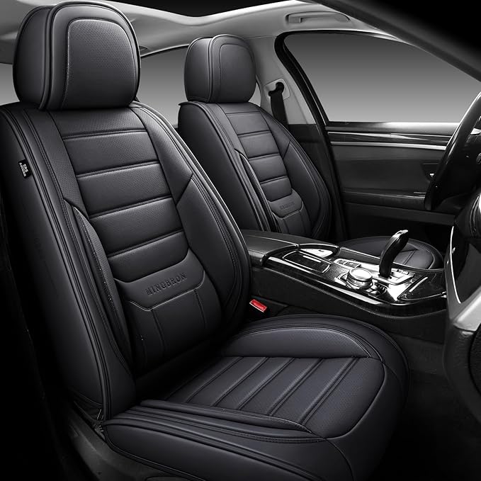 MINGBRON Black Car Seat Cover with Lumbar Support, Car Seat Protector Waterproof, Nappa Leather Car Seat Cushion, Car Seat Covers Front Seats and Back Fit for Most Cars