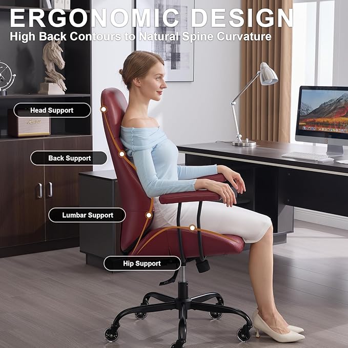 E-Motie Office Chair with Rubber Wheels, Ergonomic Computer Chair 500 lbs, Leather Desk Chair with Lumbar Support, Executive Chair Adjustable Height & Recline, Red