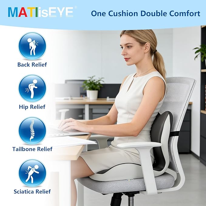 Orthopedic Memory Foam Seat Cushion with Adjustable Strap, Coccyx & Sciatica Pain Relief, Washable Non-Slip for Long Sitting, Ergonomic Posture Support for Office Chair, Car & Wheelchair (Double Grey)