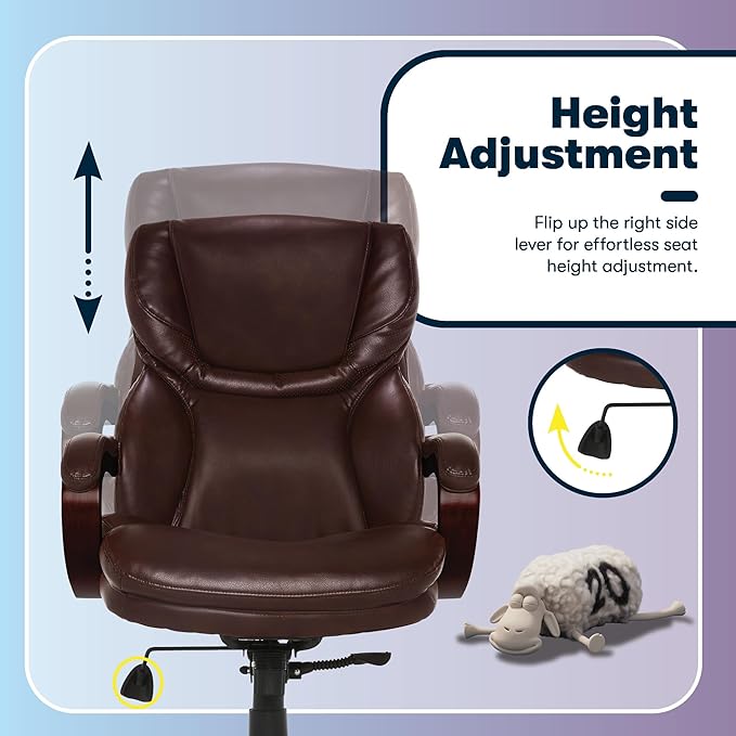 Serta Conway Big & Tall Executive Office Chair, Ergonomic High-Back with Adjustable Lumbar, Semi Plush Cushion and Body Pillows, Padded Armrests, Wooden Swivel Base, Bonded Leather, Chestnut Brown