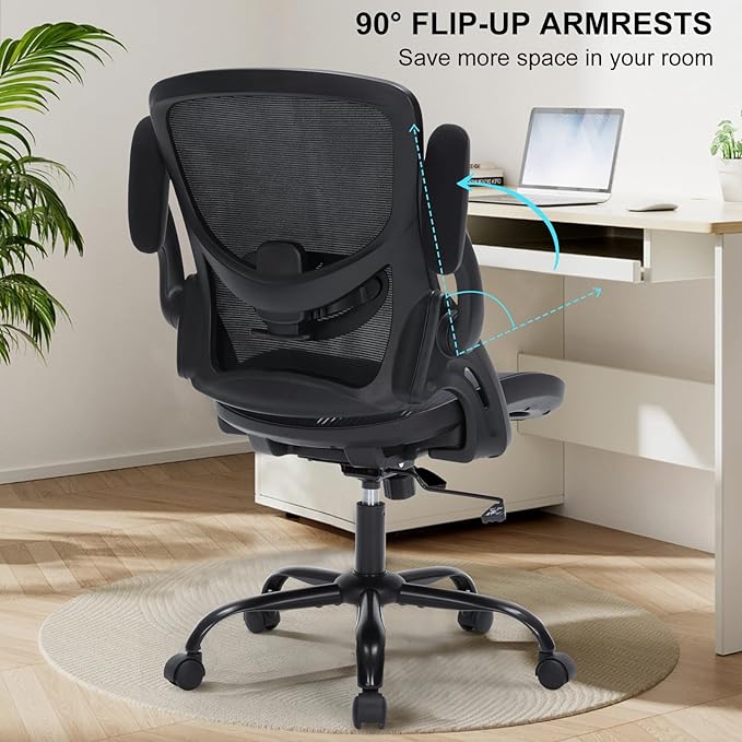 Ergonomic Office Chair with Flip-up Arms, Space Saving Mesh Desk Chair with Adjustable Lumbar Support & Headrest, Breathable Executive Computer Chair, Heavy Duty Swivel Task Chair 300LBS
