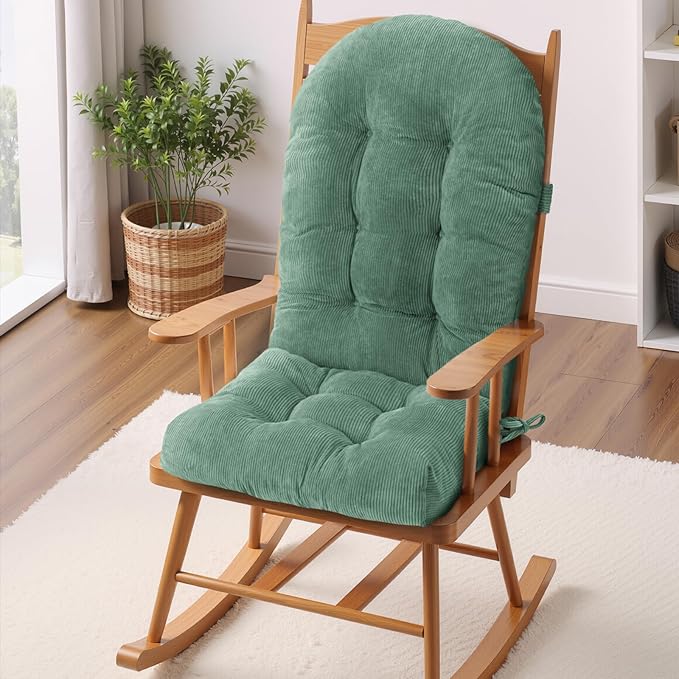 Rocking Chair Cushion - Corduroy Fabric, High-Density Sponge, Durable Comfort Non-Slip Bottom Tufted Seat Pads with Ties, Corduroy︱Sage Green, 44x19x4 inch