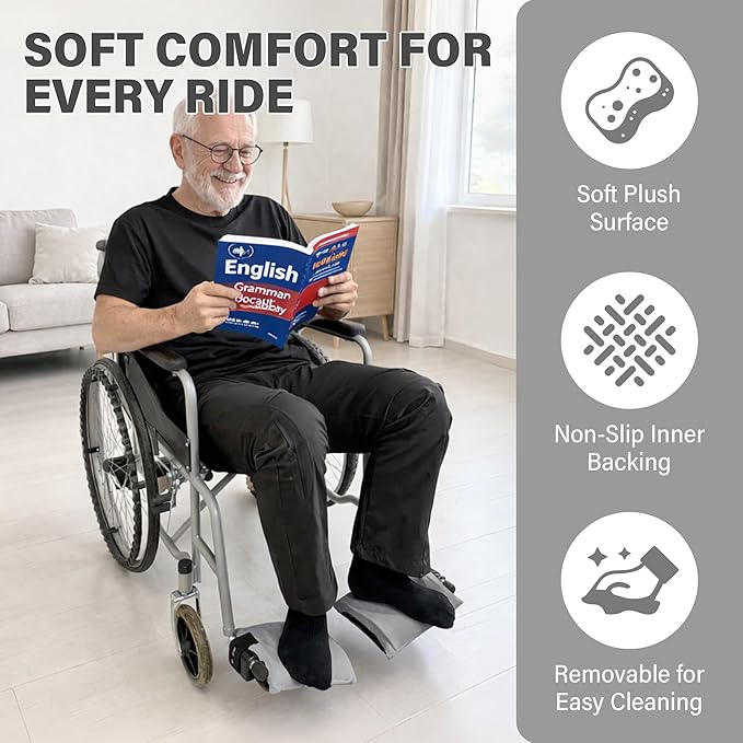 SPRING SEAON Wheelchair Footrest Covers, 1 Pair Soft Plush Foot Rest Pads with Non-Slip Backing, Removable Foam Insert, Hook-and-Loop Closure, Fits Most Standard Wheelchairs (Gray)