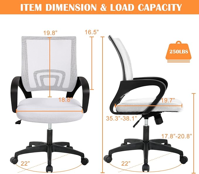Office Chair, Ergonomic Desk Chair with Lumbar Support Arms, Adjustable Mid Back Executive Task Chairs Computer Chair Home Office Desk Chairs for Student, Women, (White)