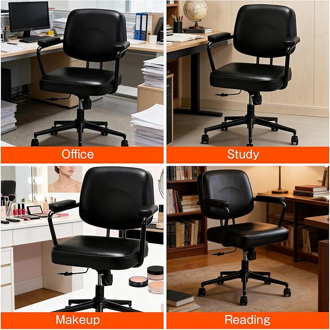 Home Office Chair, Ergonomic Desk Chair with Lumbar Support, Adjustable Height Rolling Swivel Task Chair with Armrests, PU Leather, for Meeting,Study Room Black