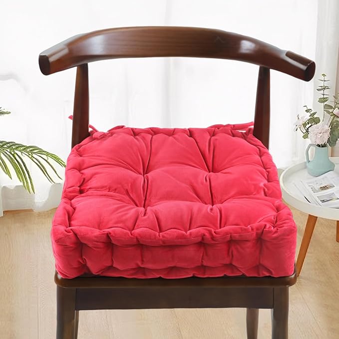 vctops Chair Cushion for Dining Chair, Soft Velvet Square Seat Cushion with Ties Cozy Indoor Chair Pad Cushion for Office Kitchen Dining Room (Bright Red,16"x16")