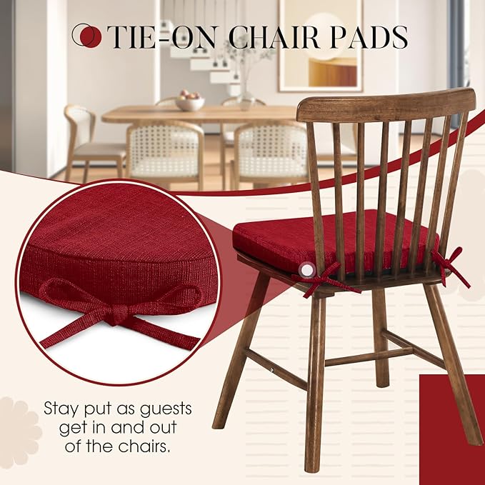 Basic Beyond Chair Cushions for Dining Chairs 4 Pack, Kitchen Chair Cushions with Ties and Non Slip Backing, 16 x 16 inches Chair Pads for Dining Chairs (Red)