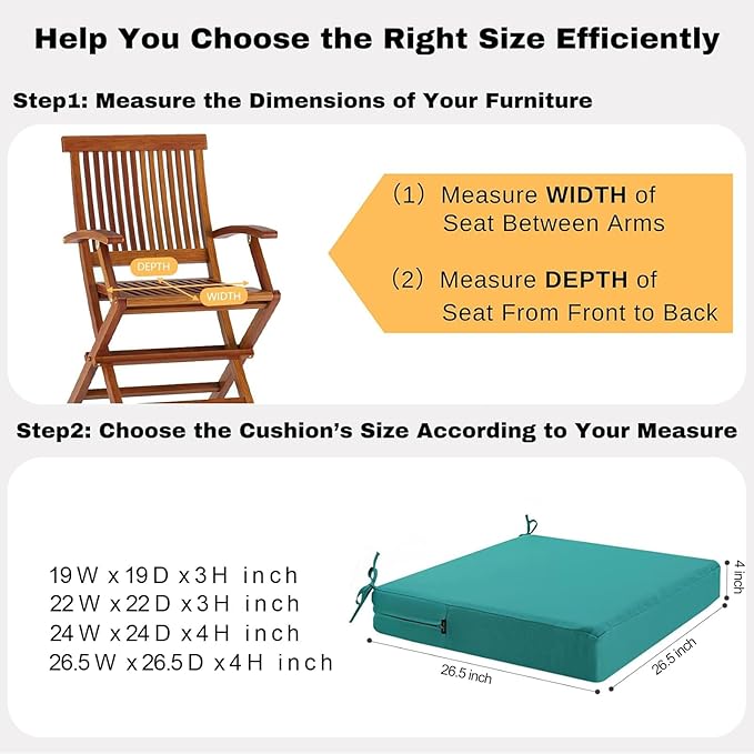 idee-home Outdoor Chair Cushions Set of 2, Waterproof Outdoor Seat Cushions for Patio Furniture, Outside Replacement Chair Pad with Ties for Lawn Deck Porch, 26.5 x 26.5 Peacock Blue