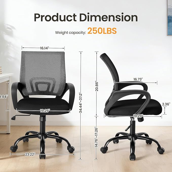 OLIXIS Office Desk Chair - Ergonomic Mid Back with Lumbar Support & Rocking Mode, Height Adjustable with Fixed Armrest, Storage Back for Computer, Gaming, Conference, Meeting, 360° Swivel, Black