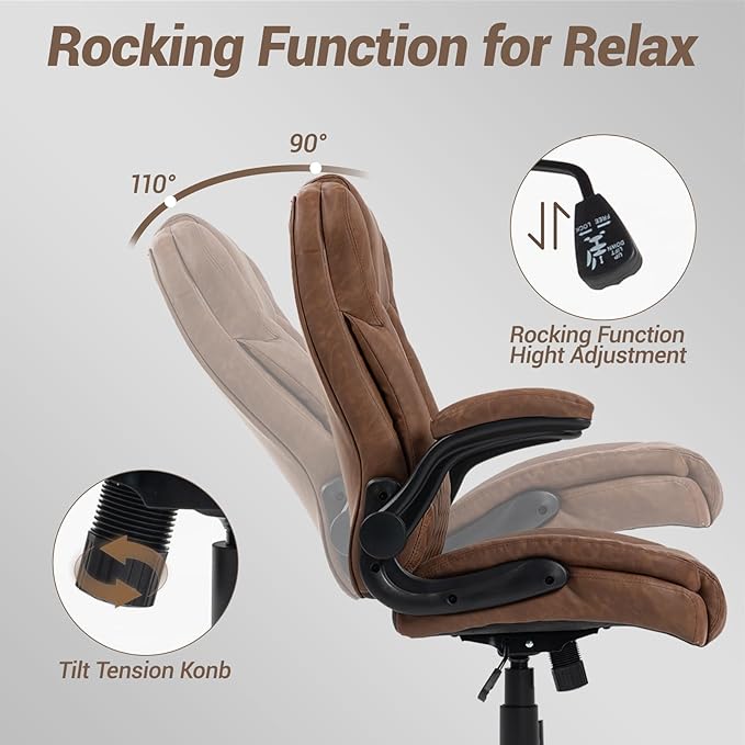 450 LBS Big and Tall Office Chair w/Flip Up Armrest, Comfy Heavy Duty Executive Chair, Extra Wide Seat Ergonomic Computer Home Office Desk Chair w/Rocking Function, Lumbar Support - Brown