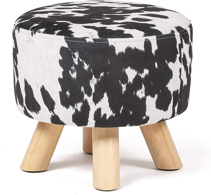 Homebeez Small Round Ottoman Foot Stool Rest with Non-Skid Legs (Black Cow)