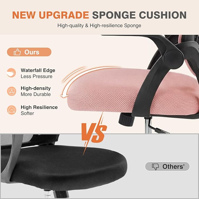 Sweetcrispy Home Office Managerial Executive Chair, Flip Up Armrest Ergonomic Mesh Adjustable Swivel Mid-Back Computer Desk Chair with Comfortable Lumbar Support, Comfy Arms for Bedroom,Blak&Pink