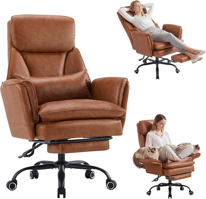 Furniliving Big and Tall Office Chair, Ergonomic Computer Desk Chair with Footrest, Wide Seat Reclining Gaming Chair, Flip Armrests for Cross Legged Sitting, Heavy Duty Support up to 400LBS, PU, Brown