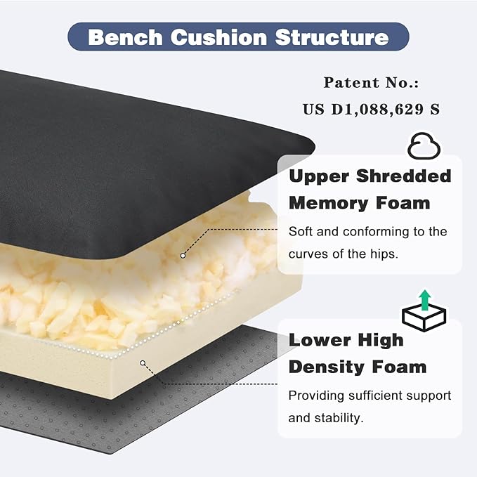 baibu 45Inch Outdoor Bench Cushion Waterproof, Bench Cushions for Outdoor Furniture, Dual-Layer Memory Foam atio Furniture Cushions, Porch Swing Seat Pad with Washable Cover & Ties, 45x16x3.5, Black